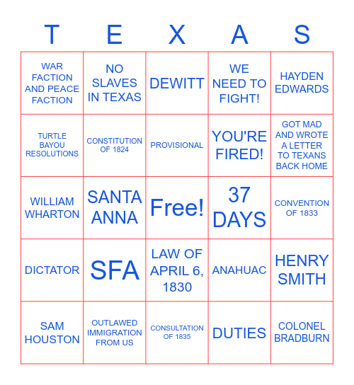 Road to Texas Revolution Bingo Card