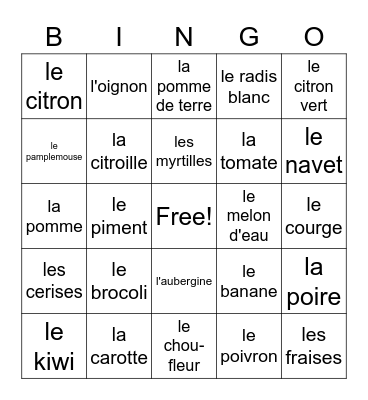 Fruits/legumes Bingo Card