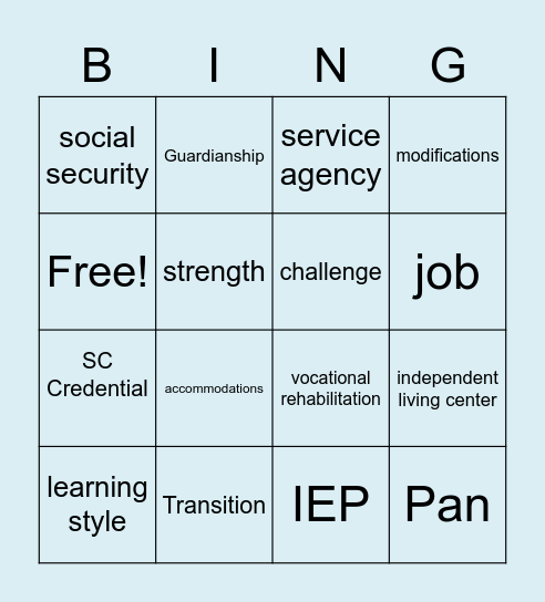 Transition Planning Bingo Card