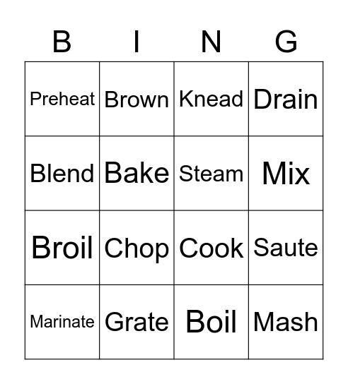 Cooking Terms Bingo Card