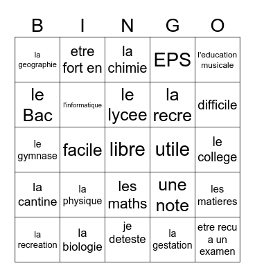 French 1 , 2A Vocab Bingo Card