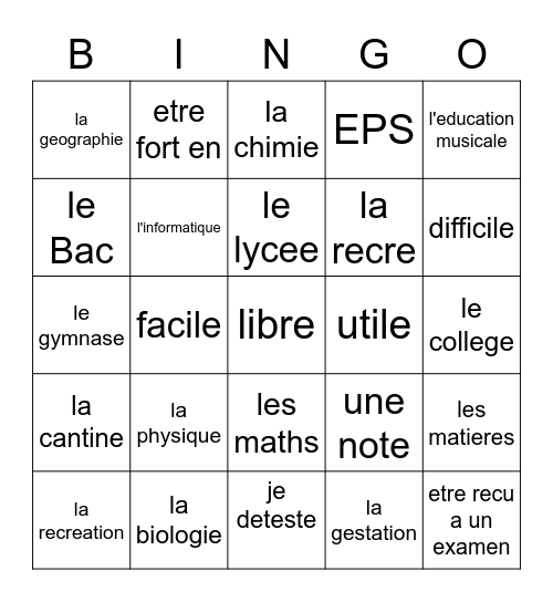 French 1 , 2A Vocab Bingo Card