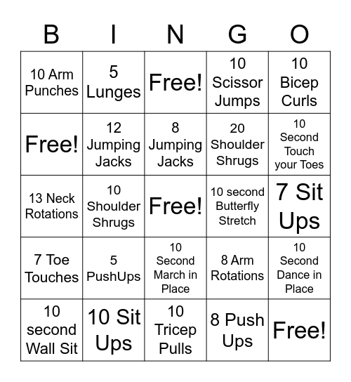 Fitness Bingo Card