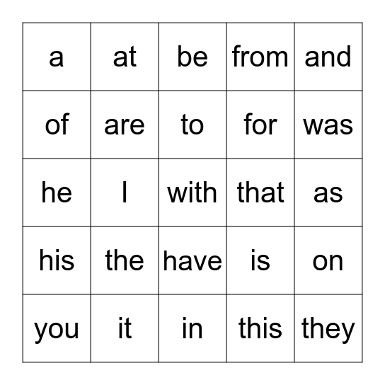 Fry's First 25 Sight Words Bingo Card