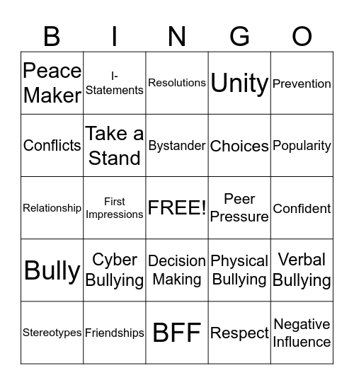 Anti-Bullying Bingo Card