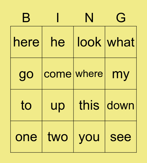 High Frequency Words Bingo Card