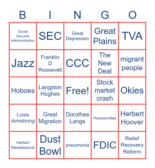 1920's and The Great Depression Bingo Card