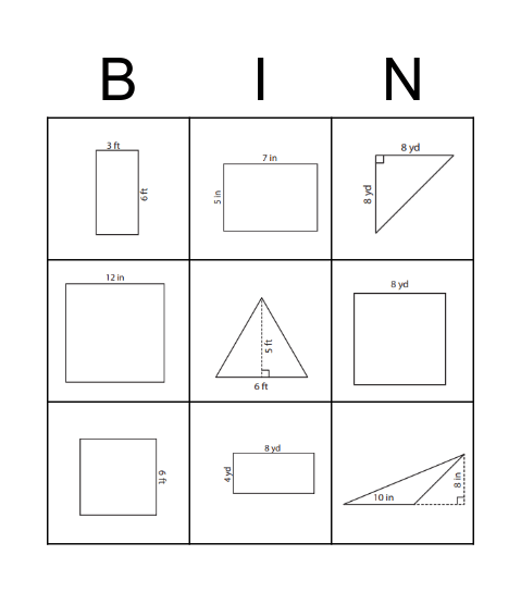 Area Formula Bingo! Bingo Card