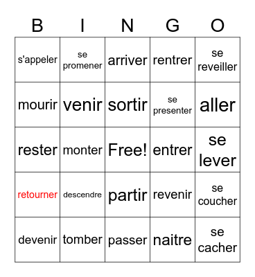 French Verbs Bingo Card