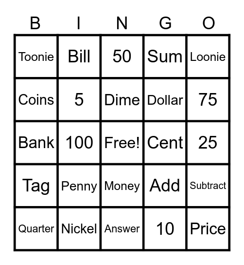 Canadian Money Bingo Card