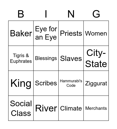 Mesopotamia Bingo Card