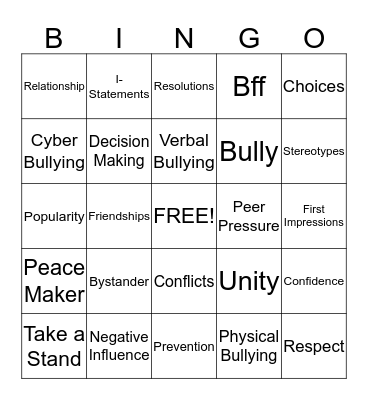 Anti-Bullying Bingo Card