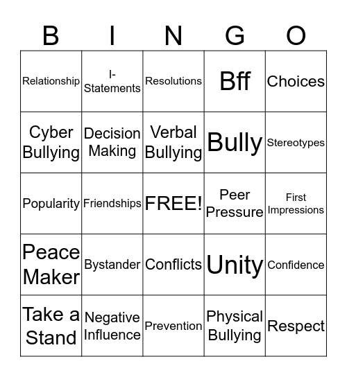 Anti-Bullying Bingo Card