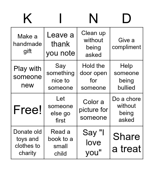 Acts of Kindness Bingo Card