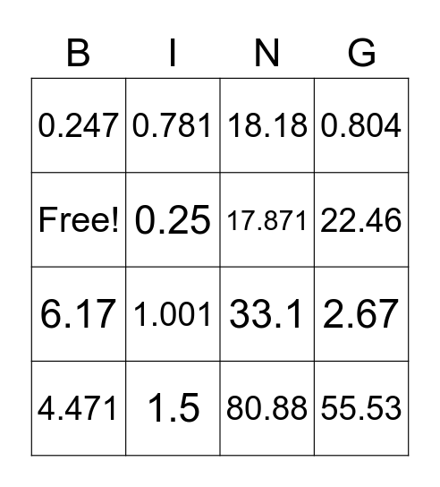 Decimal Math-O Bingo Card
