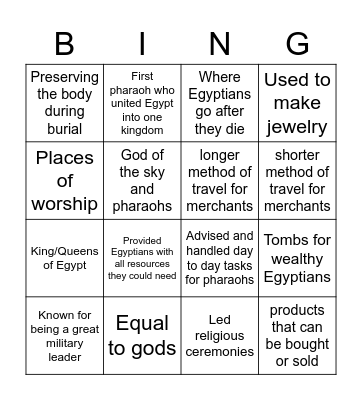 Egypt Bingo Card