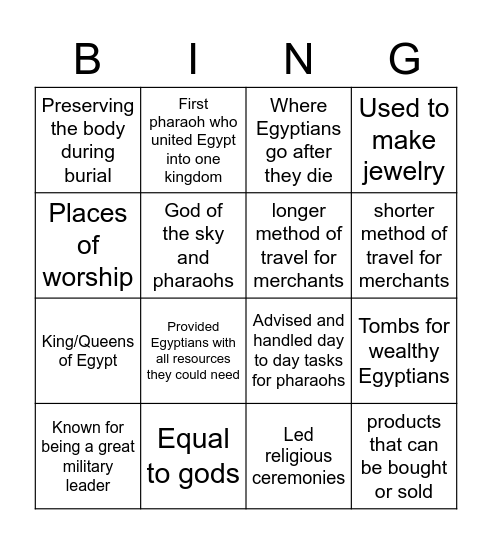 Egypt Bingo Card