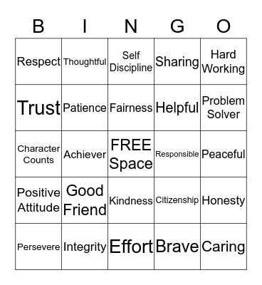 Character Counts Bingo Card