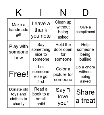 Acts of Kindness Bingo Card