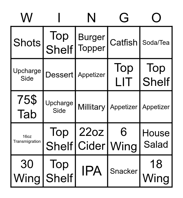Wild Wing Wingo Bingo Card