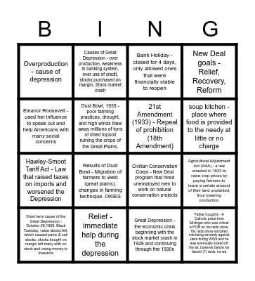 Great Depression Bingo Card