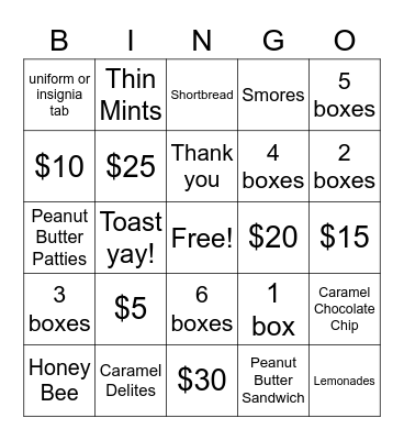 Cookie Sales & Money Management Bingo Card