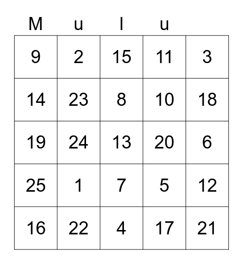 Number Bingo Card