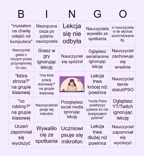 lekcje zdalne Bingo Card