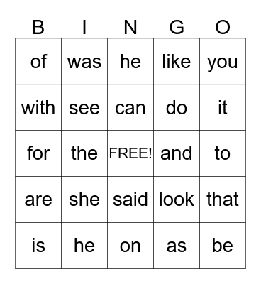 Kindergarten Sight Words Bingo Card
