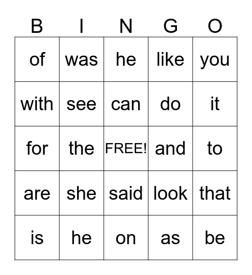 Kindergarten Sight Words Bingo Card