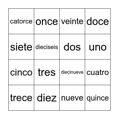 Numbers 1-20 Bingo Card