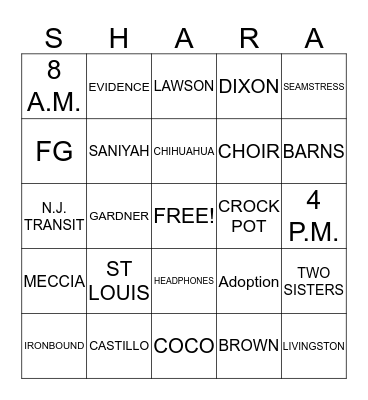SHARA'S BIRTHDAY BINGO Card