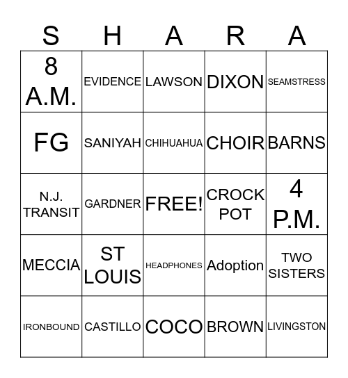 SHARA'S BIRTHDAY BINGO Card