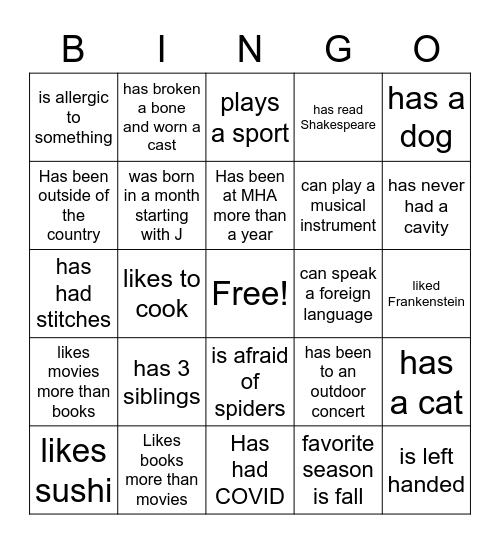 Get to Know You Bingo Card