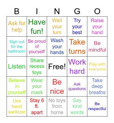 Back to School Bingo Card