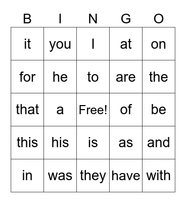 Sight Words Bingo Card