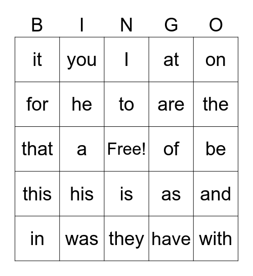 Sight Words Bingo Card