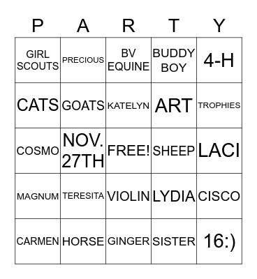 KATELYN'S 16!!! Bingo Card