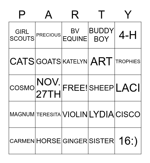 KATELYN'S 16!!! Bingo Card