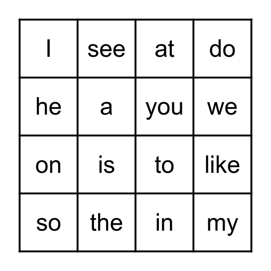Sight Word Bingo Card