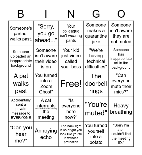 Zoom meeting Bingo Card