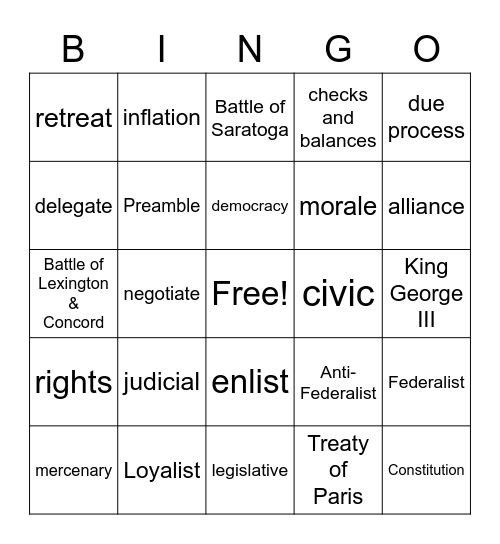Revolutionary War- New Government Bingo Card