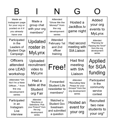 Student Org Bingo Card