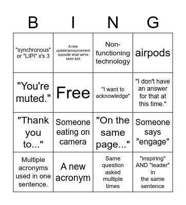 Leadership Meeting Bingo Card