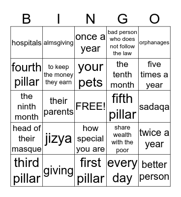 Zakat Bingo Card