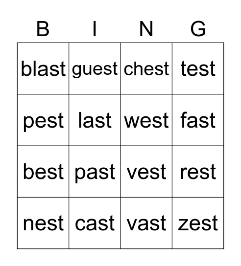 Ending Consonant Blends Bingo Card