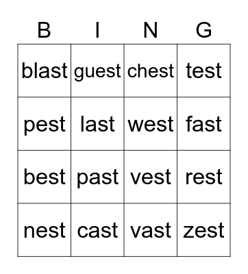Ending Consonant Blends Bingo Card