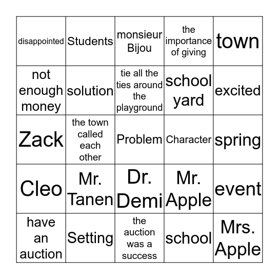 Mr. Tanen's Tie Trouble       Story Structure Bingo Card