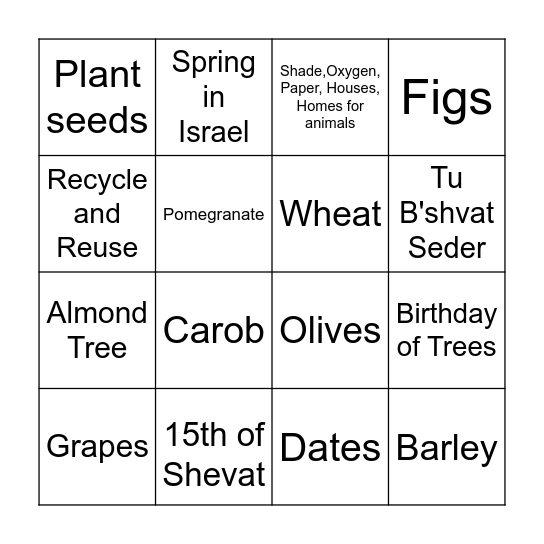 Tu Bishvat Bingo Card