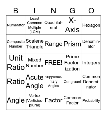 6th Grade STAAR Math Bingo Card